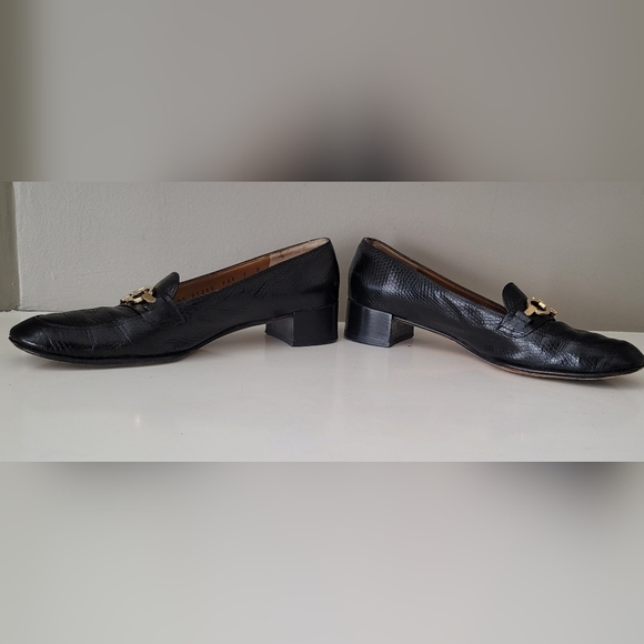 Salvatore Ferragamo Black Leather Heeled Loafers with Gold Hardware - Picture 10 of 11